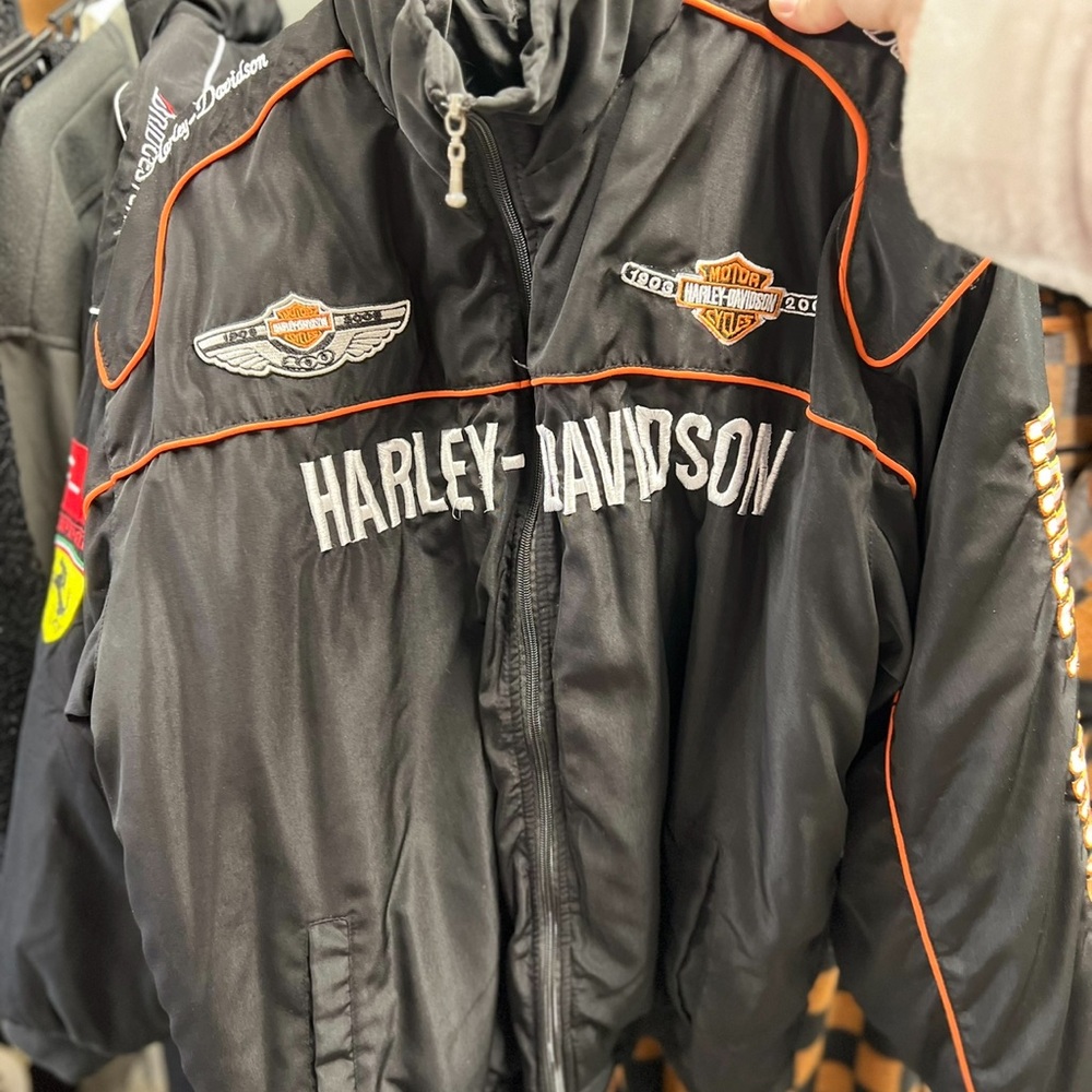 ❤️Harley-Davidson Black Jacket with Orange Trim and White Logo moto jacket
